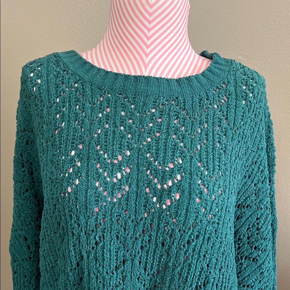 American Eagle Outfitters Teal Forest Green Eyelet Crew Neck Sweater - L - Picture 4 of 7